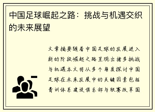 中国足球崛起之路：挑战与机遇交织的未来展望