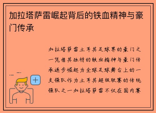 加拉塔萨雷崛起背后的铁血精神与豪门传承